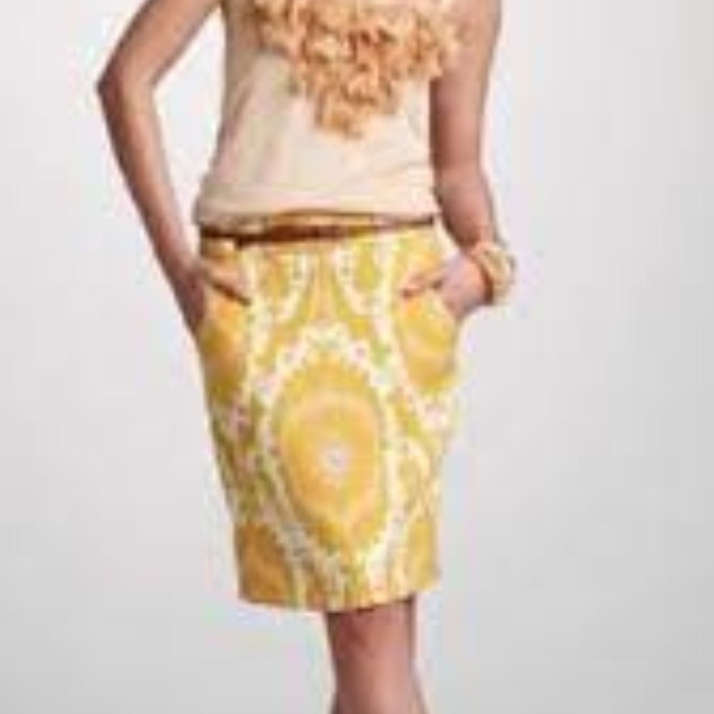 Anthropologie Postmark Yellow Ikat Medallion Pencil Skirt with Pockets Size 4